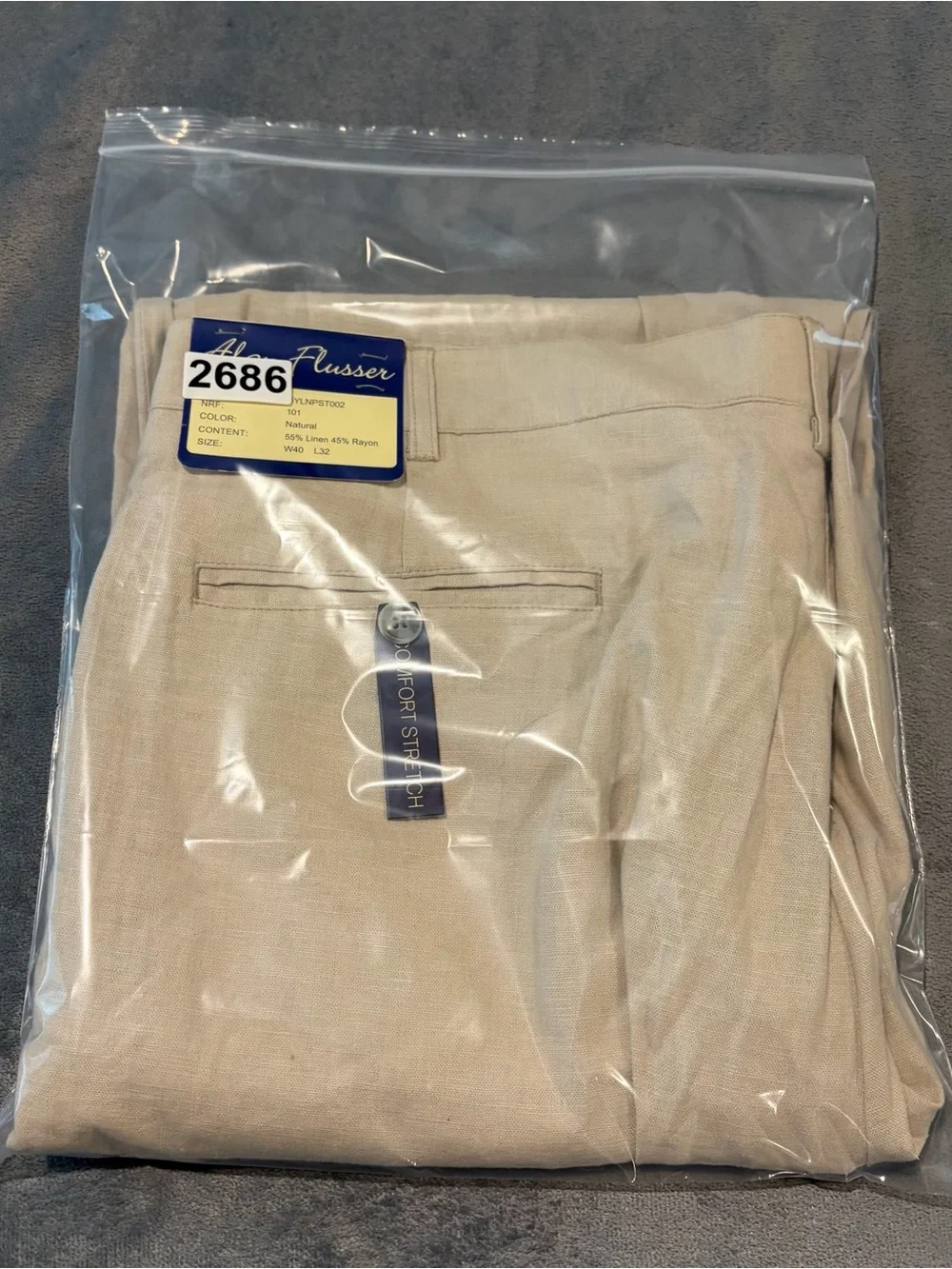 Alan Flusser Pants Mens 40x27 Beige Linen Blend Pleated Dress Trousers